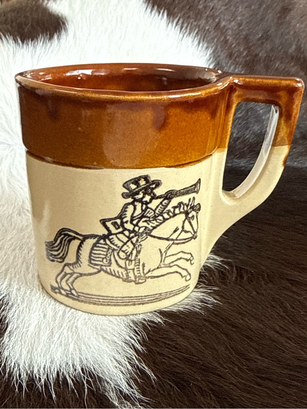 Vintage Holt Howard Two-Tone Brown Ceramic Mug with Horse Rider Graphic